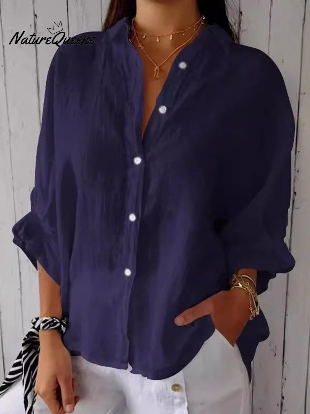 Women’s Cotton & Linen Casual Tie - Back Shirt Navy Blue / S