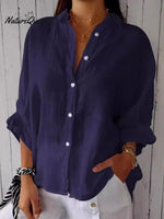 Women’s Cotton & Linen Casual Tie - Back Shirt Navy Blue / S
