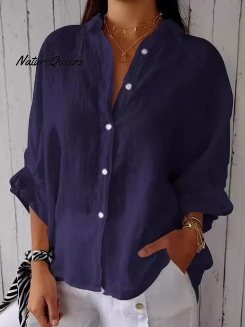 Women’s Cotton & Linen Casual Tie - Back Shirt Navy Blue / S