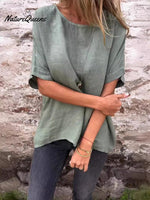 Women’s Solid Color Casual Cotton And Linen Shirt Green / S