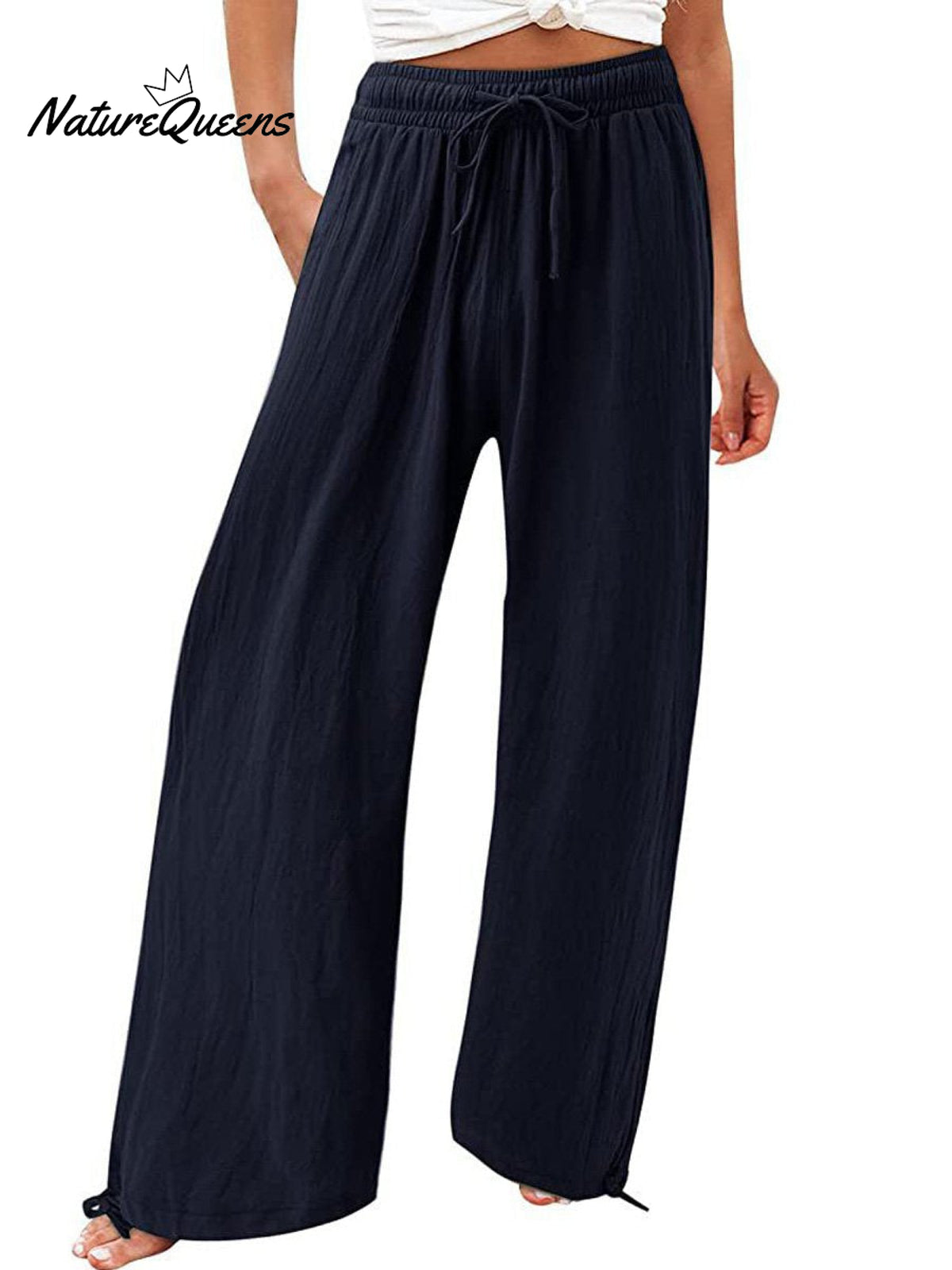 Women’s Cotton And Linen Wide Leg Casual Pants Navy / S