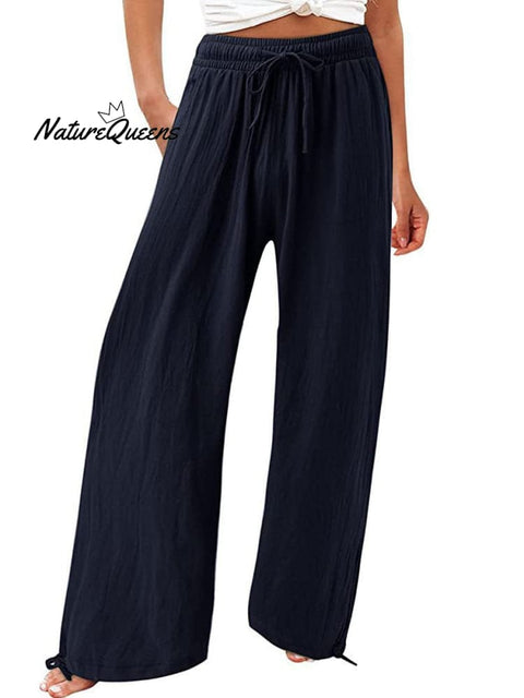 Women’s Cotton And Linen Wide Leg Casual Pants Navy / S