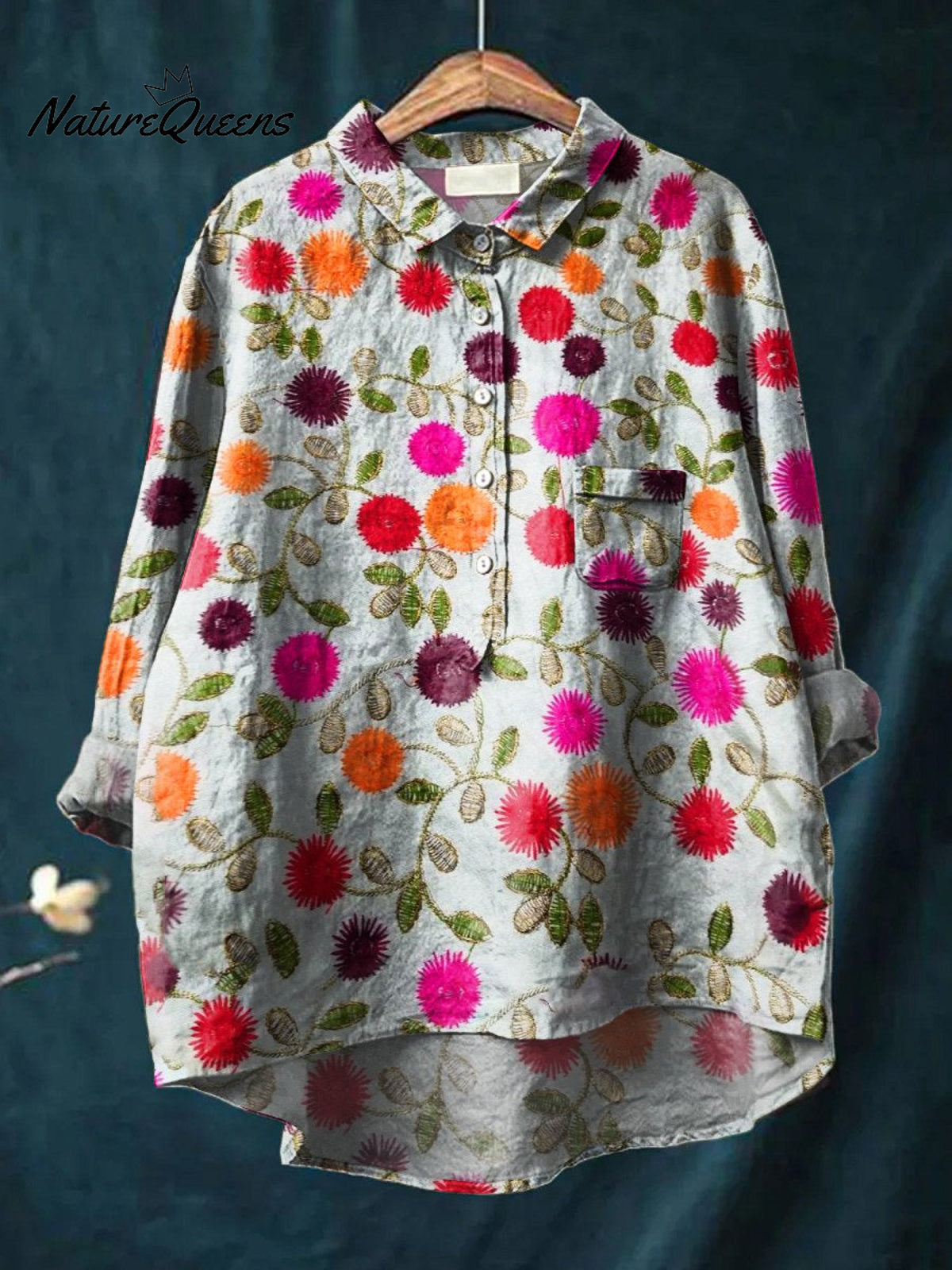 Women's Floral Art Print Casual Cotton And Linen Shirt