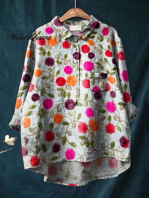 Women's Floral Art Print Casual Cotton And Linen Shirt