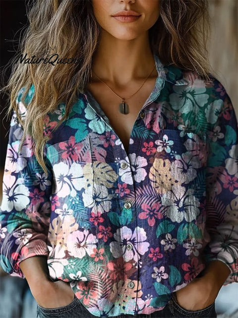 Summer Hawaiian Tropical Floral Pattern Printed Women's Casual Long Sleeve Comfortable Cotton Shirt