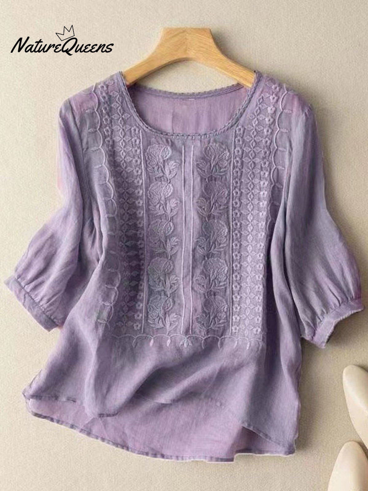 Women's Mid Sleeve Cotton And Linen Embroidery Blouse