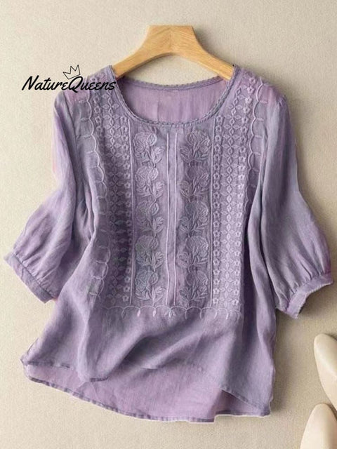 Women's Mid Sleeve Cotton And Linen Embroidery Blouse