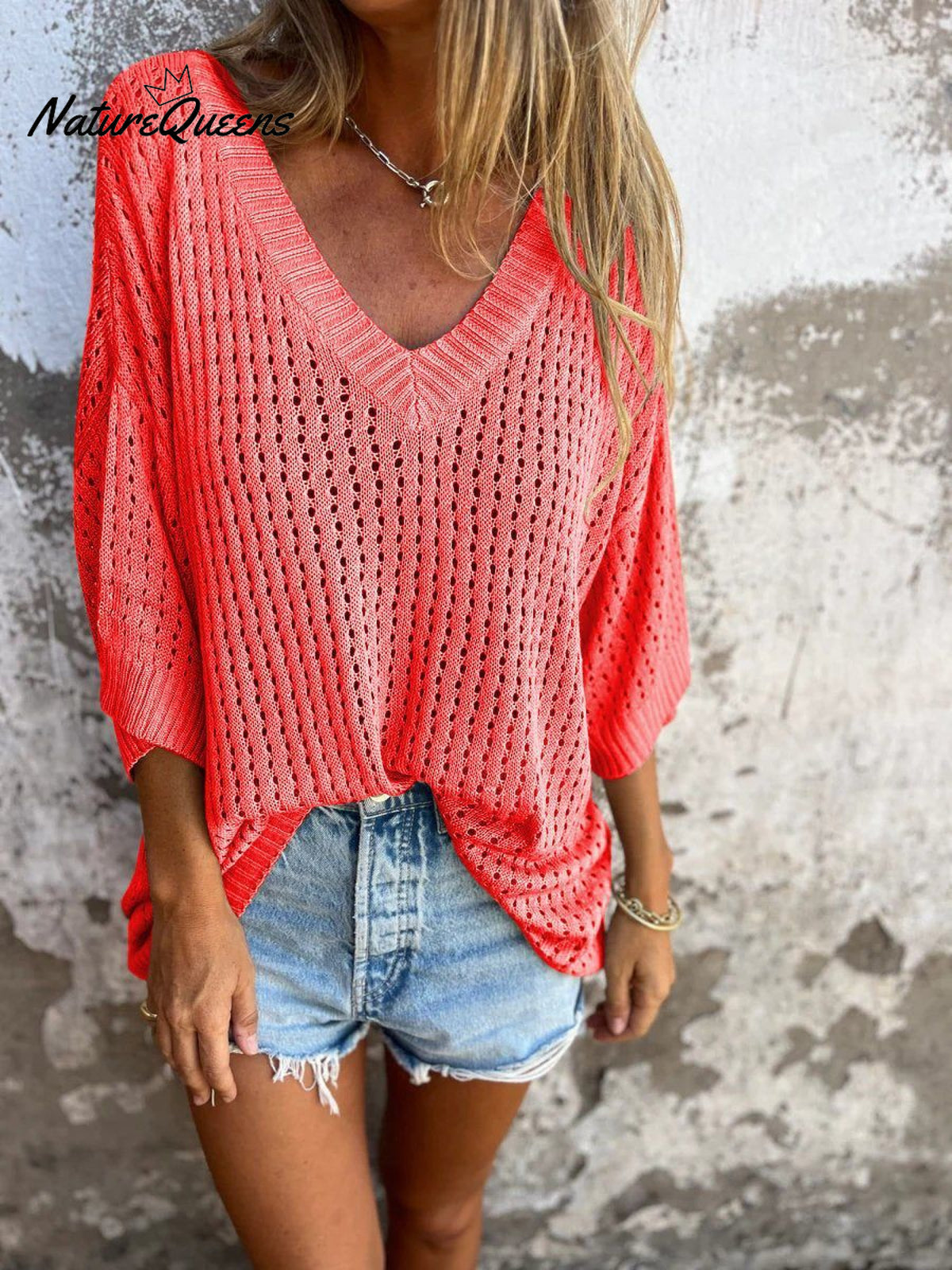 Women's Solid Color Stylish Hollow Long-sleeved V-neck Casual Knitted Top