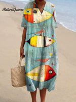 Women's Vintage Abstract Fish Art Print Flowy Dress