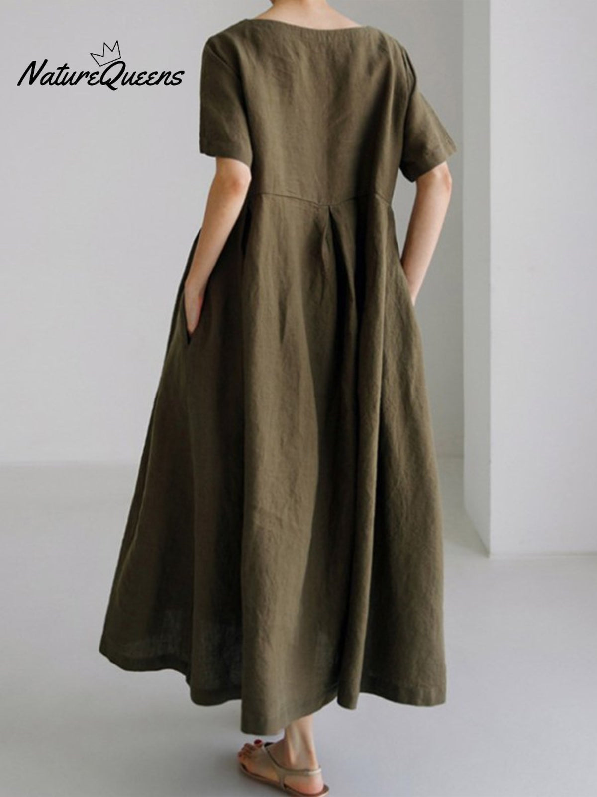 Women’s Short Sleeves Loose Cotton And Linen Dress