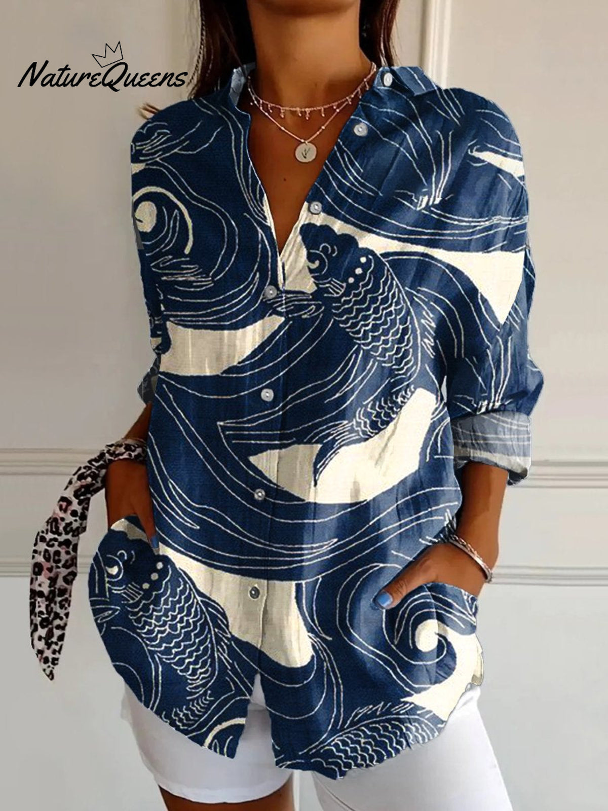 Women's Fish Art Print Casual Cotton Shirt