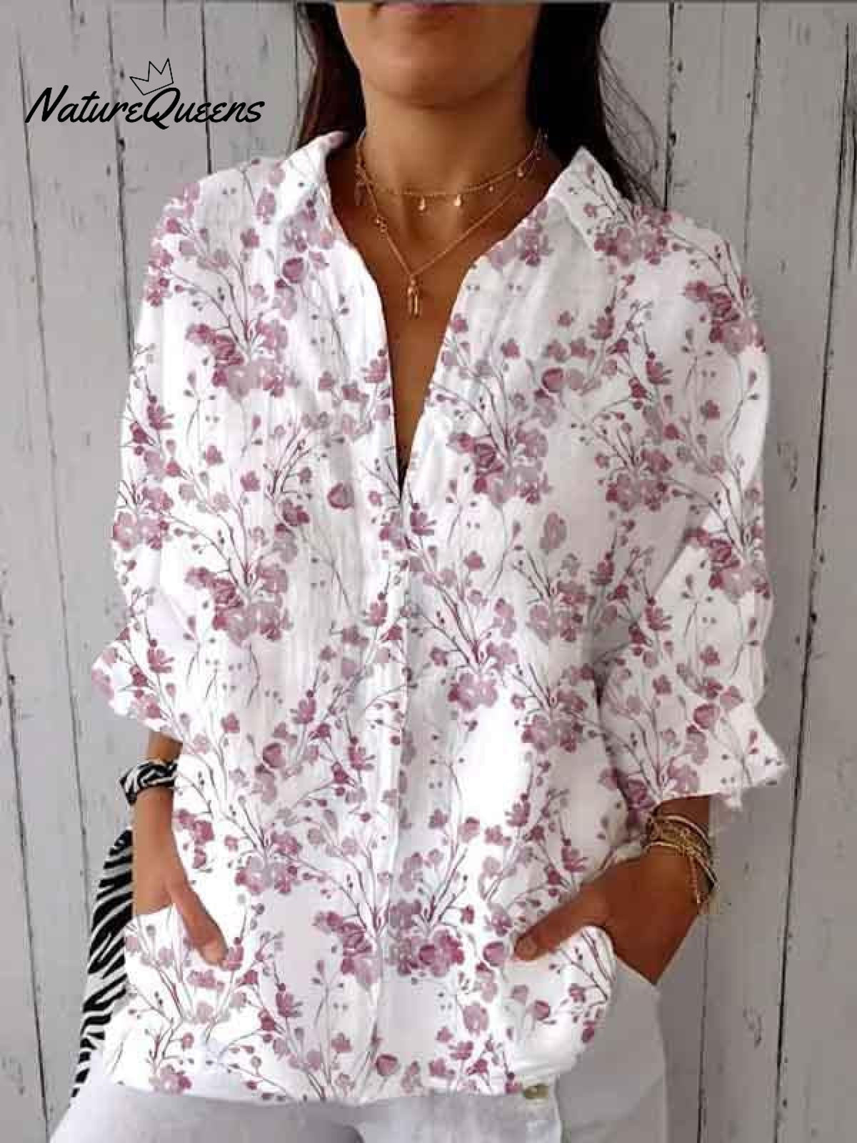 Women's Purple Watercolor Small Floral Print Casual Linen V-neck Shirt