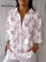Women's Purple Watercolor Small Floral Print Casual Linen V-neck Shirt