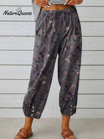 Women’s Floral Art Printed Cotton And Linen Casual Pants Multicolor / S