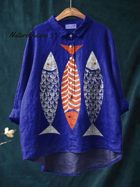 Women's Fish  Art Print Casual Cotton And Linen Shirt