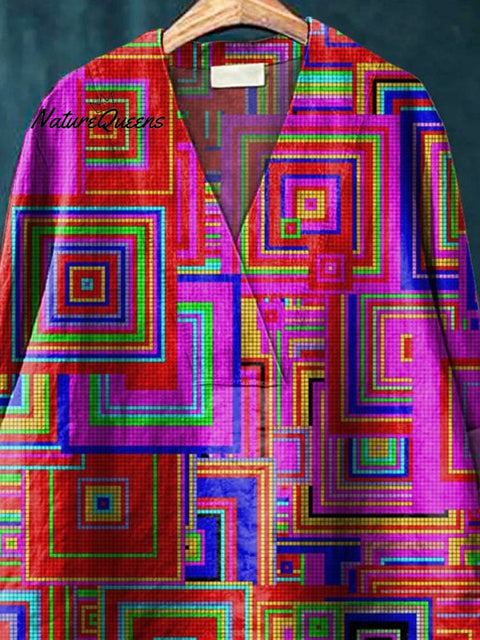 Colorful Geometric Square Pattern Printed Women's Casual Cotton And Linen V-Neck Shirt