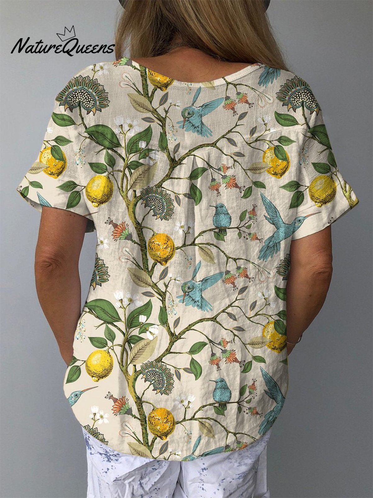 Humming Birds And Citric Lemon Tress Summer Repeat Pattern Printed Women’s Casual Cotton Linen Shirt