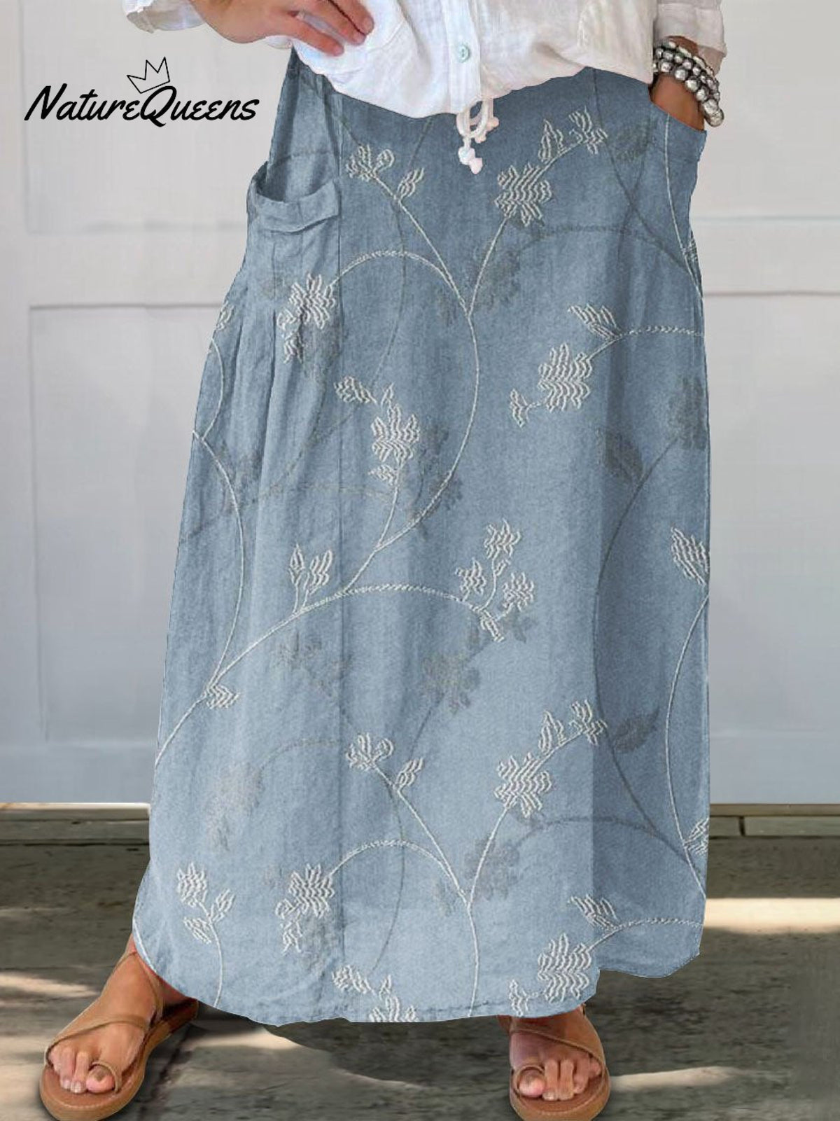 Women’s Flowers And Leaves Art Pattern Print Linen Pocket Skirt Blue Grey / S