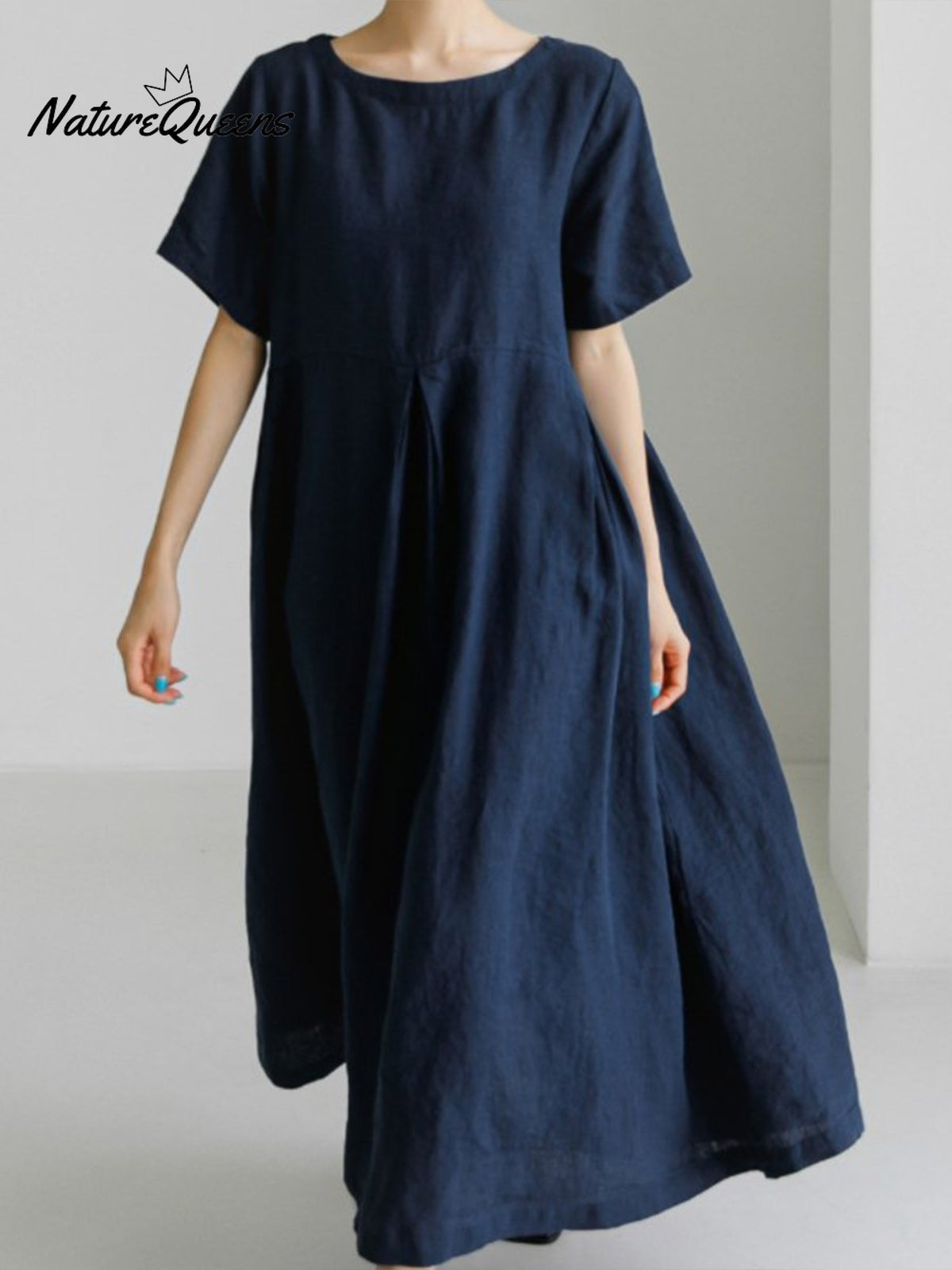 Women’s Short Sleeves Loose Cotton And Linen Dress Navy Blue / S