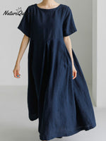 Women’s Short Sleeves Loose Cotton And Linen Dress Navy Blue / S