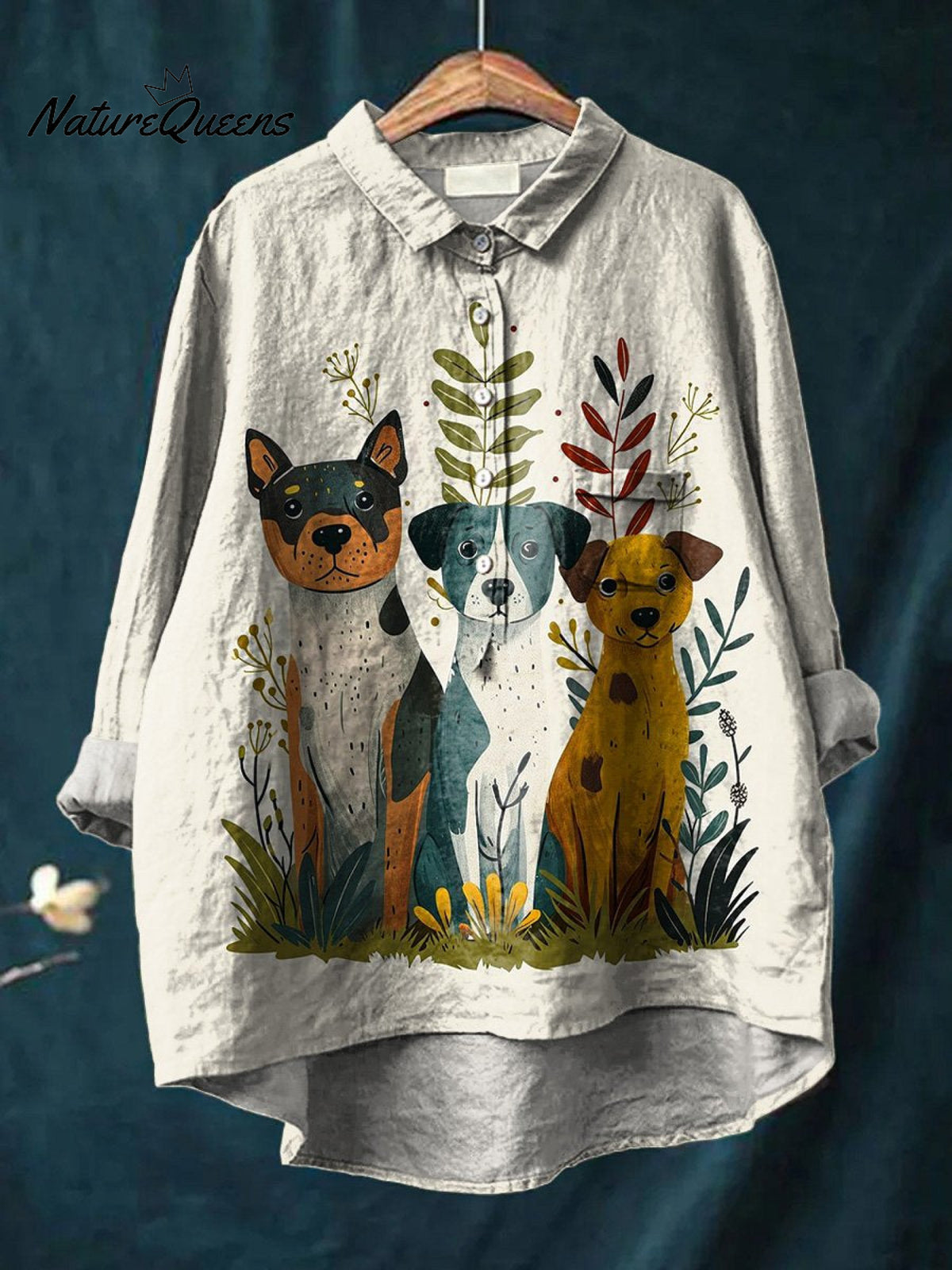 Puppy Dog In Botanical Garden Graphic Printed Women's Casual Cotton And Linen Shirt