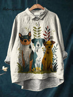 Puppy Dog In Botanical Garden Graphic Printed Women's Casual Cotton And Linen Shirt