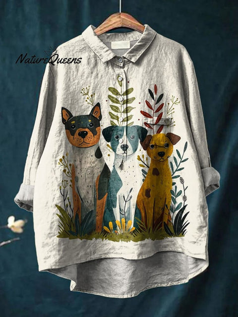 Puppy Dog In Botanical Garden Graphic Printed Women's Casual Cotton And Linen Shirt