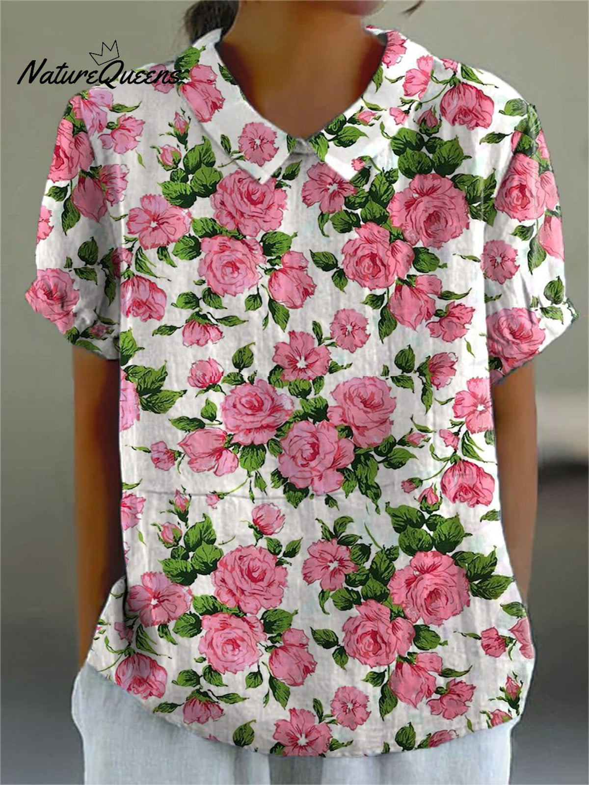 Pink French Rose Pattern Printed Women's Casual Cotton And Linen Shirt