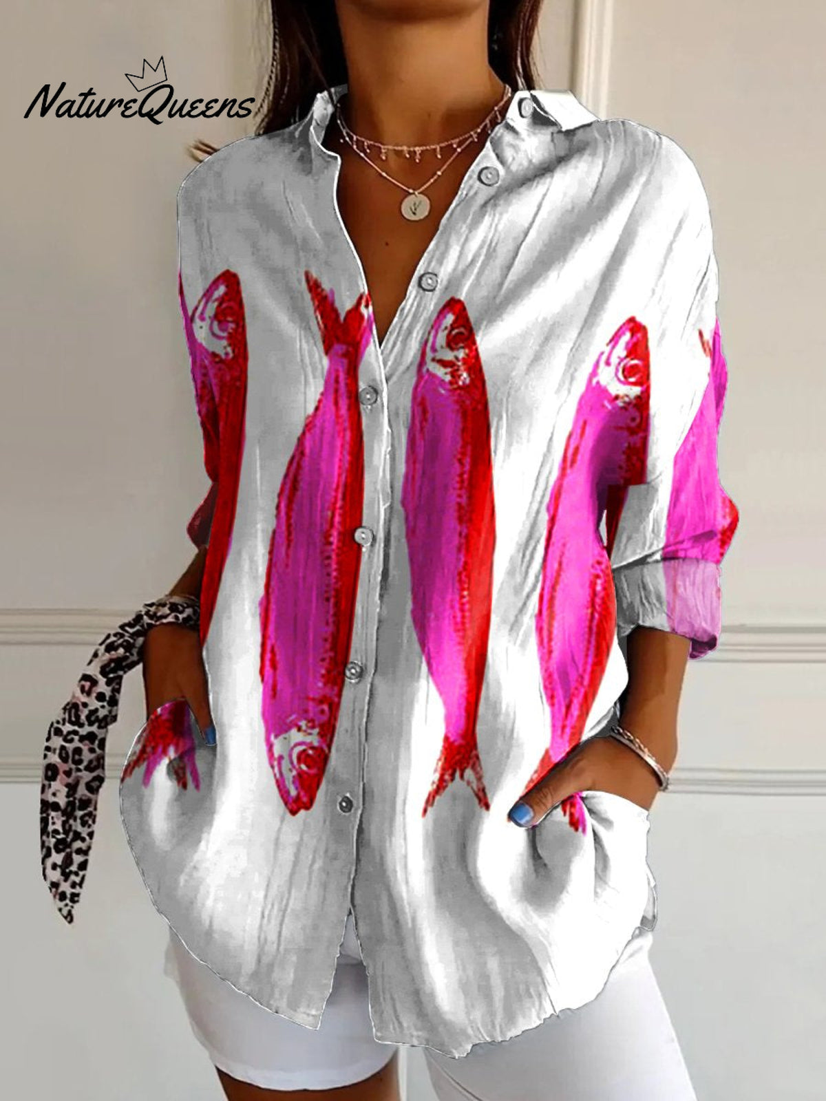 Women's Fish Art Print Casual Cotton Shirt