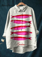 Women'sSardinesArt Print Casual Cotton And Linen Shirt