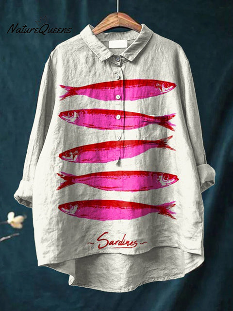 Women's  Sardines  Art Print Casual Cotton And Linen Shirt