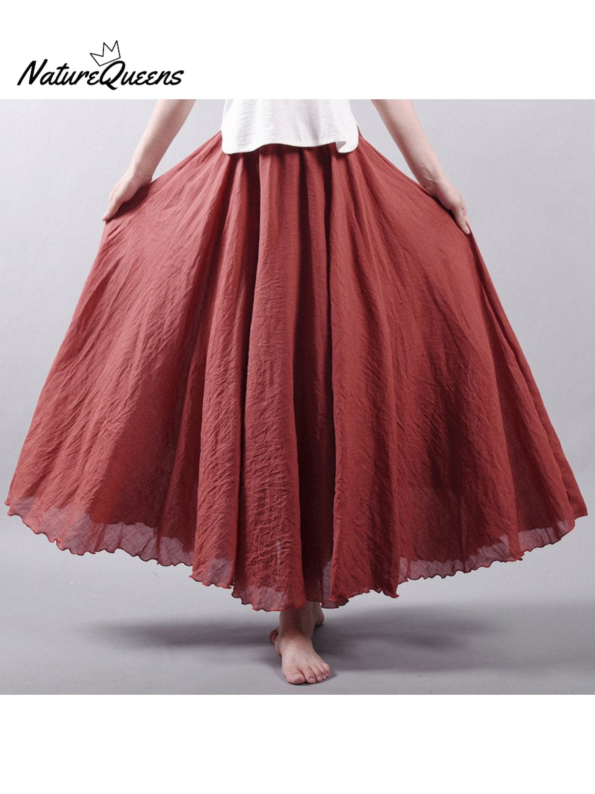 Women’s Cotton Linen Skirt Casual Elastic High Waist Pleated A-Line Beach Skirts Rust Red / S