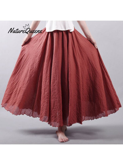 Women’s Cotton Linen Skirt Casual Elastic High Waist Pleated A-Line Beach Skirts Rust Red / S