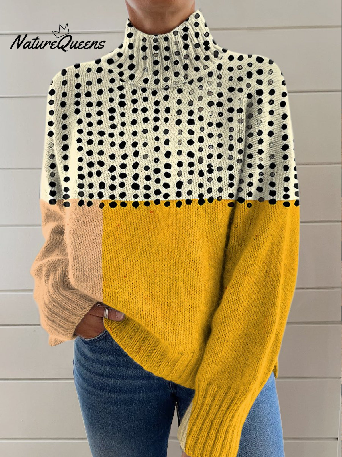 Yellow Color-blocked Dots Print Knit Turtleneck Pullover Sweater