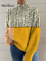 Yellow Color-blocked Dots Print Knit Turtleneck Pullover Sweater