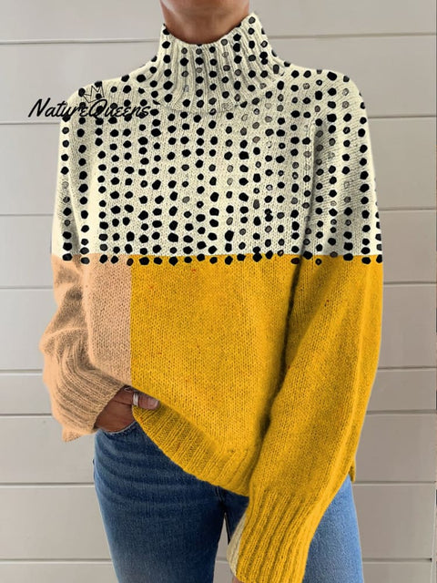 Yellow Color-blocked Dots Print Knit Turtleneck Pullover Sweater