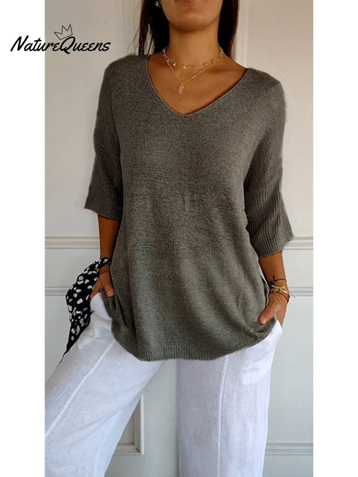 Women’s Solid Color Knitted 3/4 Sleeve V - Neck Top Grey / S