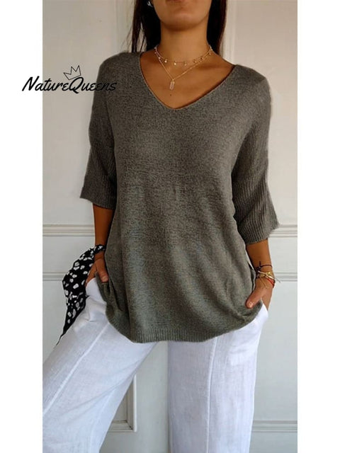 Women’s Solid Color Knitted 3/4 Sleeve V - Neck Top Grey / S