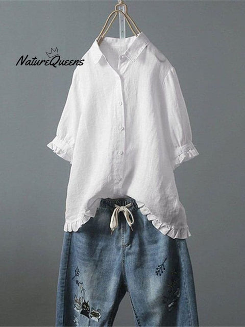 Women's Cotton and Linen Casual Single-Row Button Ruffle Shirt