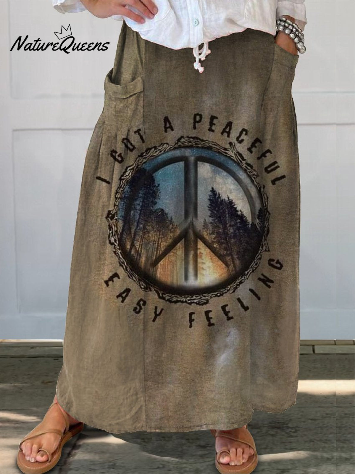 Retro Hippie Art Print Linen Pocket Skirt