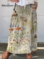Women’s Retro Floral Animals Art Casual Linen Pocket Skirt Multicolor / S