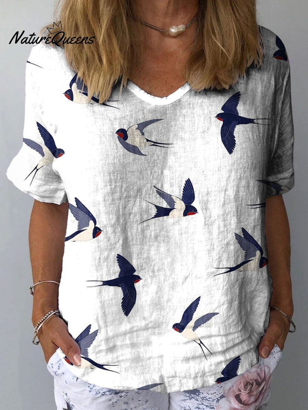Women’s Birds Print Casual Cotton And Linen Shirt Multicolor / S