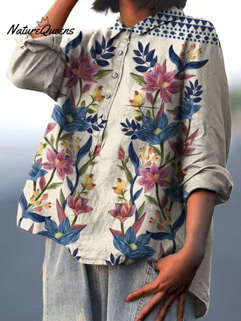Women's Retro Blue and Pink Floral Print Casual Cotton And Linen Shirt
