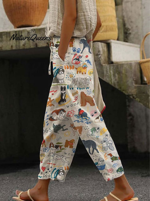 Women's Cute Dog Printed 100%Cotton Casual Pants