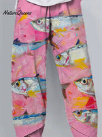 Women's Vintage Lovely Sardines Art Printed Cotton And Linen Casual Pants