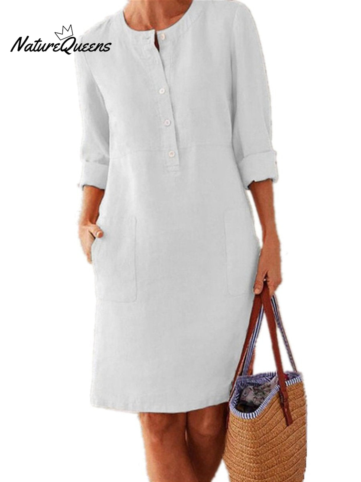 Spring Cotton And Linen Round Neck Long Sleeve Dress White / S