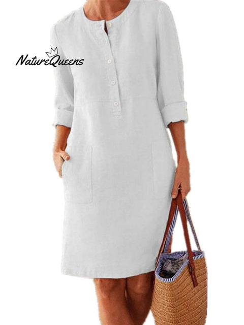 Spring Cotton And Linen Round Neck Long Sleeve Dress White / S