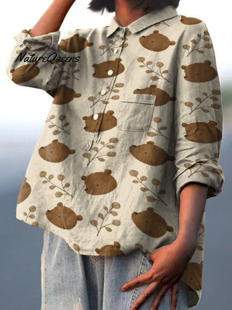 Warm Style Cute Bear and Leaves Decorative Pattern Casual Cotton And Linen Shirt