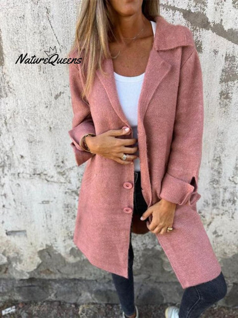 Women's Solid Color Lapel Cardigan with Pockets Single Breasted Mid-Length Jacket