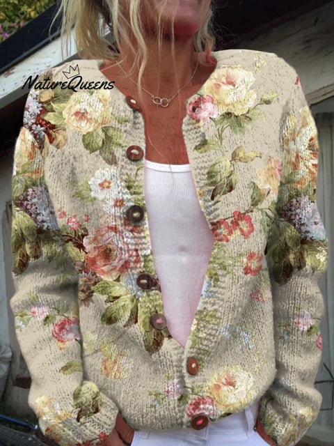 Retro Fresh Flowers Print Buttoned Cardigan Sweater